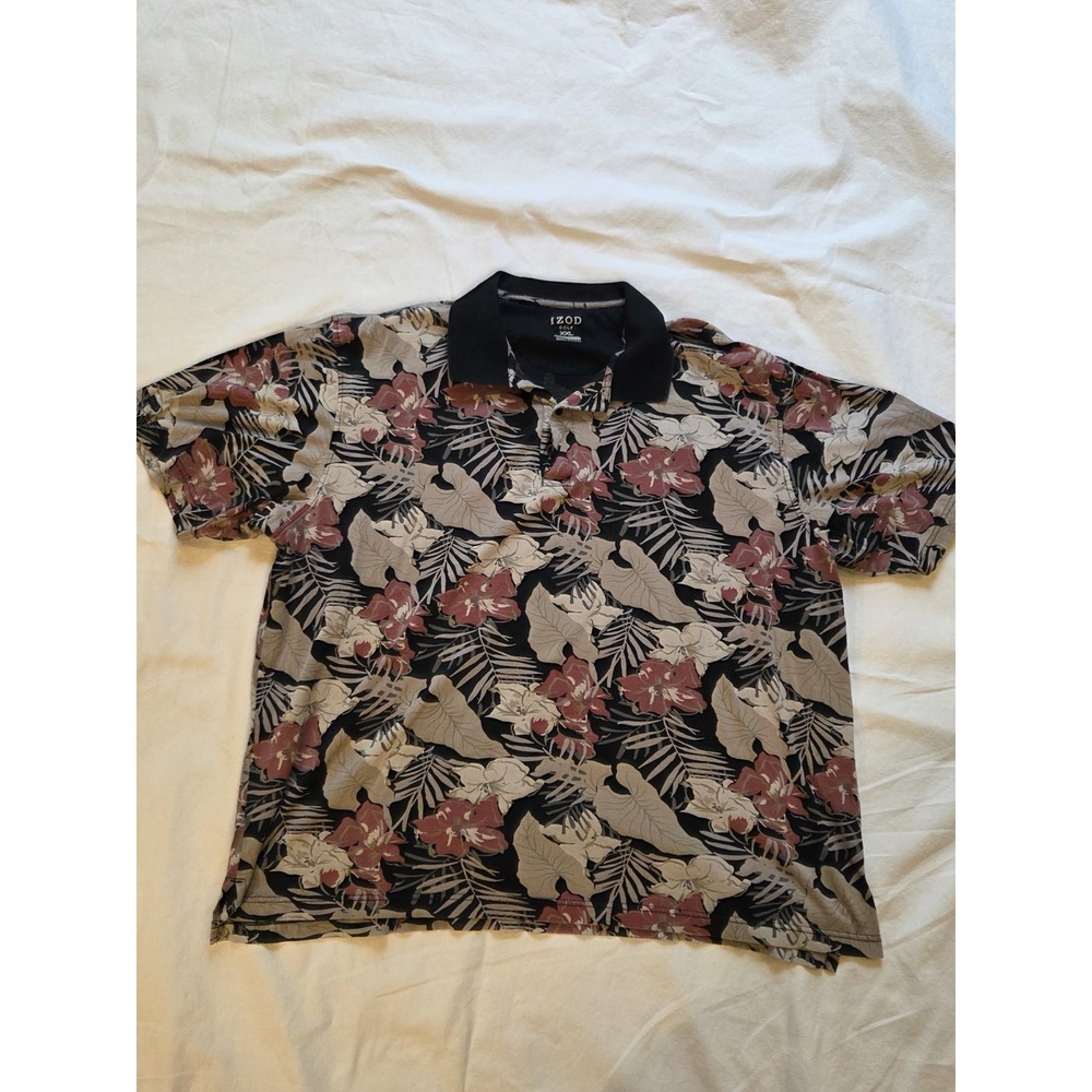 IZOD Golf Polo Shirt Mens XXL Black Floral Hawaiian Tropical Mercerized...